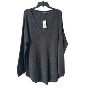 A.n.a Black Gold Lurex Sweater Top V Neck Long Sleeves Women’s Plus Size 2X